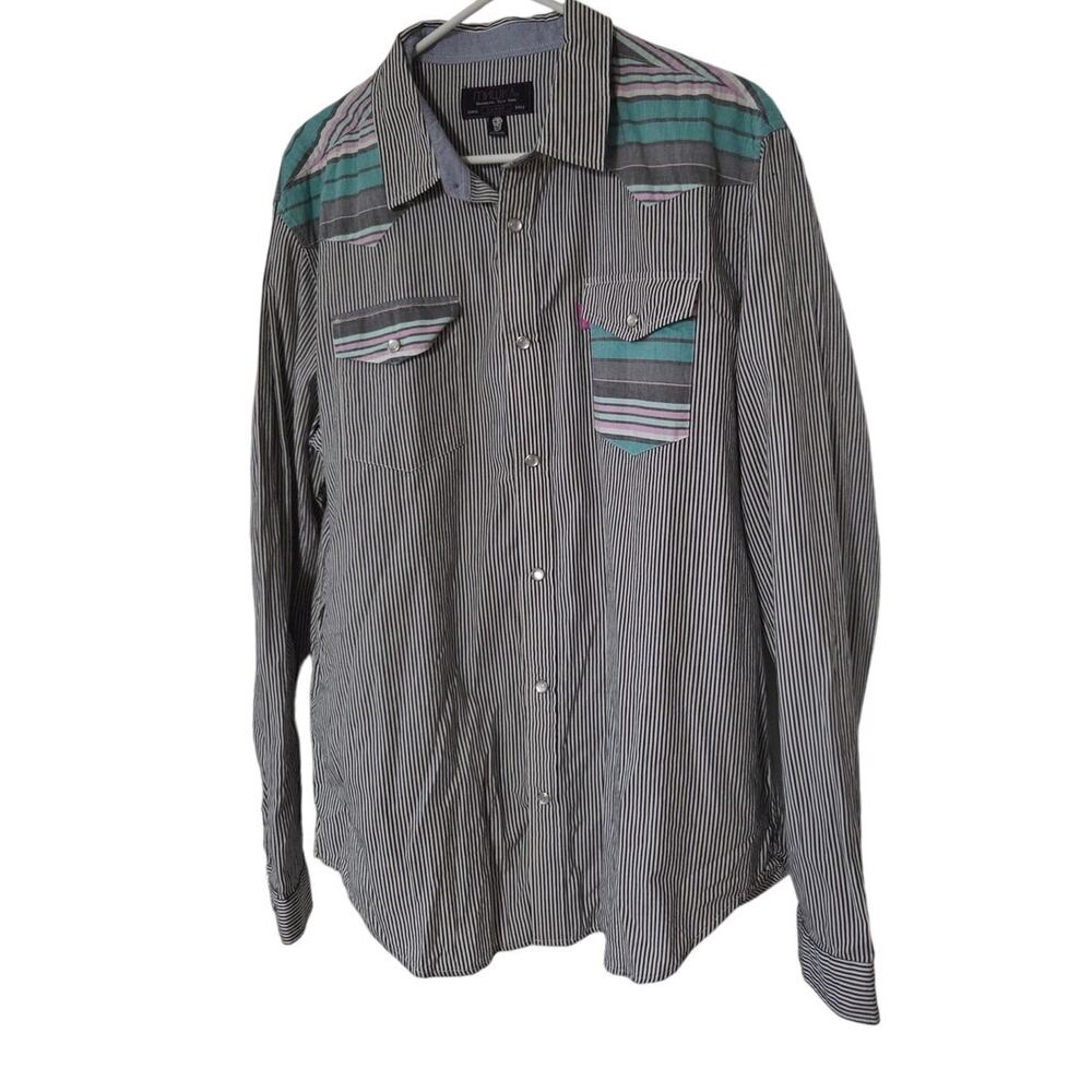 Mishka Mnwka Large Long Sleeve Button Up Stripped Fun Print Pearl Snap